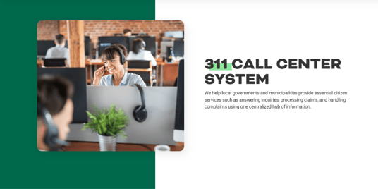 A graphic showing people working in a call center and the words "311 Call Center System"
