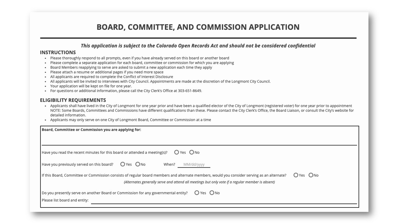 Example of an easy-to-fill online application for boards and commissions.