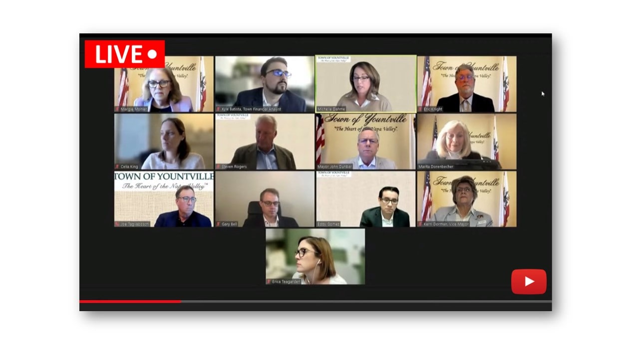 A screenshot of a virtual meeting being streamed to YouTube.